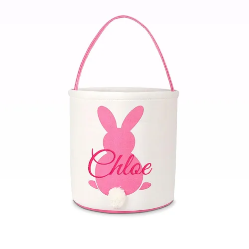 Vista 9 de Cesta de lona de Pascua personalizada con asa, cubo de huevo y conejo, color azul