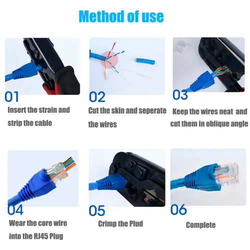 Vista 6 de Conectores de paso RJ45 Cat6, extremos 8P8C chapados en oro y botas de alivio de tensión azules para conector de cable de red Ethernet CAT6 RJ45