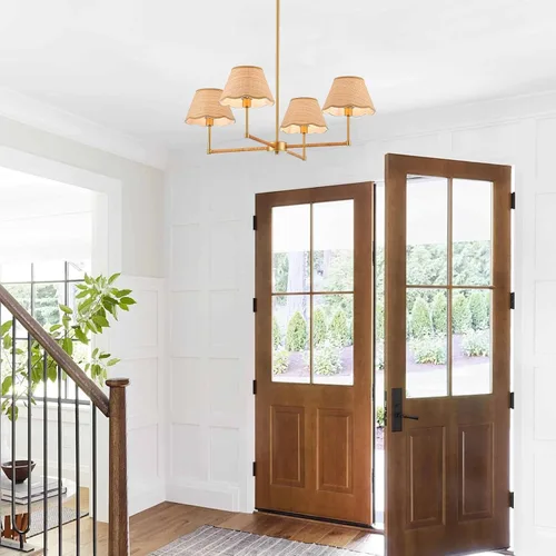 Vista 4 de Lámpara colgante de ratán bohemio de 31 pulgadas, 4 luces, rústica, ajustable, para cocina, isla, comedor, sala de estar, certificación UL Latón 4