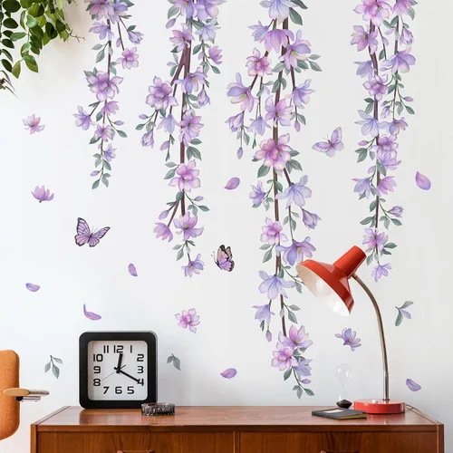Vista 5 de Adhesivo de pared colgante, creativo, extraíble, DIY, de flores púrpuras y enredaderas, con algunas mariposas voladoras, adhesivo de vinilo