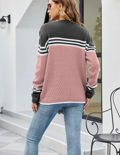 Vista 3 de koitmy Suéter de punto de manga larga con diseño de retazos de rayas para mujer