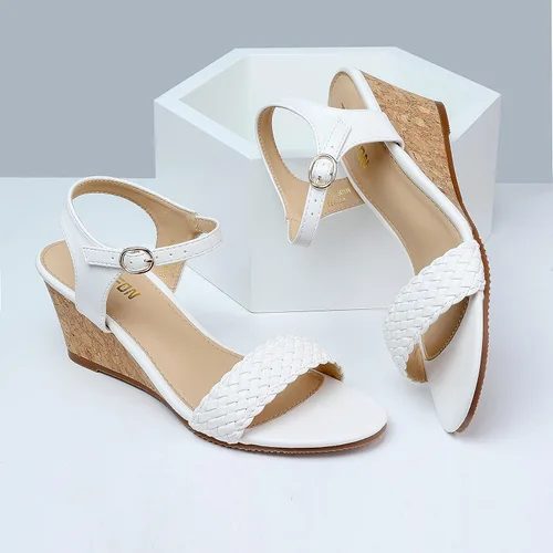 Vista 4 de TEMOFON Sandalias de cuñas para mujer, sandalias de tacón bajo trenzadas para verano, informales, puntera abierta, correa de tobillo, zapatos