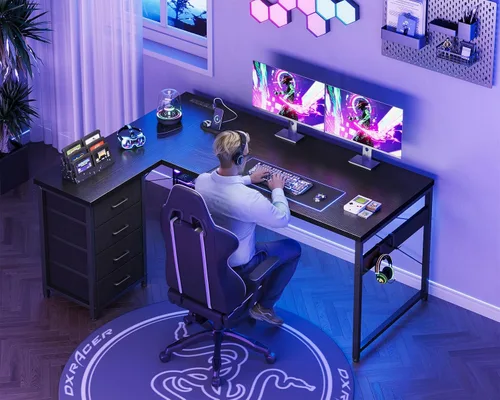 Vista 7 de AODK Escritorio para juegos en forma de L con 4 cajones, escritorios reversibles de oficina en casa de 53 pulgadas con tomas de corriente