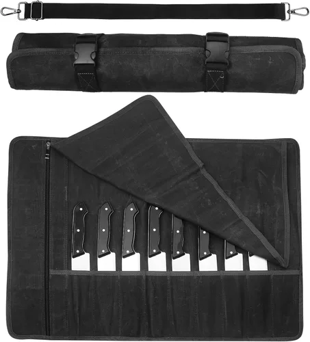 Vista 8 de Bolsa enrollable para cuchillos de chef, estuche de viaje para cuchillos de lona encerada, soporte de almacenamiento profesional resistente con 10
