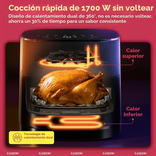 Vista 5 de CARORI Freidora de aire de doble calor de 6 cuartos con ventana de visión, 14 ajustes preestablecidos para freír, asar, hornear y más, 392 ℉ Max Gris