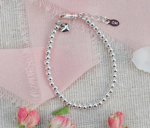 Vista 2 de Cherished Moments Pulseras apilables de plata de ley con dije de corazón para bebés, bebés, niños pequeños y niñas pequeñas Adulto (7.1 in- 7.5 in)
