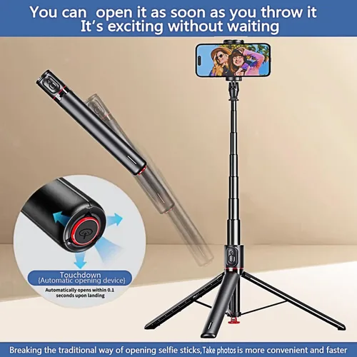 Vista 3 de Trípode para selfie de 70 pulgadas, color negro Un clic abierto, trípode de grabación de vídeo, varilla telescópica de aleación de aluminio