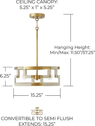 Vista 6 de Capital Lighting 241031NL Hala - Lámpara de techo convertible con tambor de yute natural blanqueado inspirado en llave griega, 3 luces, 180 vatios