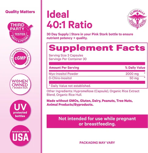 Vista 6 de Pink Stork Suplemento de inositol para mujeres, mio-inositol 40:1 y D-chiro inositol, equilibrio hormonal para mujeres, ovulación saludable y apoyo