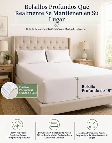 Vista 3 de LANE LINEN - Sábana bajera tamaño individual 100% algodón orgánico y 1 funda de almohada, tejido de percal suave, transpirable, apta para colchones