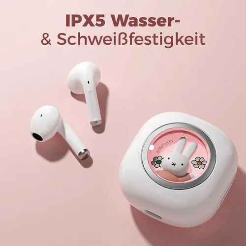 Vista 7 de Miffy - Auriculares Bluetooth 5.3 Pro - IPX5 impermeables, controles táctiles, adorable caja de hierro 3D reutilizable Miffy embalaje (rosa)