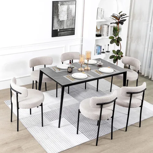 Vista 17 de DYHOME - Juego de 2 sillas de comedor de bouclé negro, sillas de cocina modernas de mediados de siglo con respaldo curvo y patas de metal, sillas