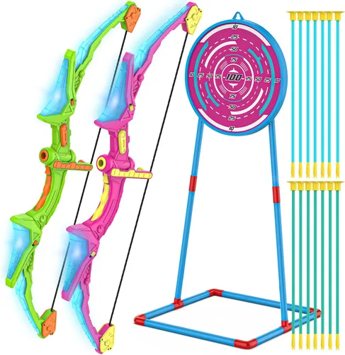 Vista 9 de Kmuxilal Paquete de 2 Arcos y Flechas para Niños con Luces LED Intermitentes, 14 Flechas con Ventosa y Diana de Pie Fluorescente - Juego de Tiro