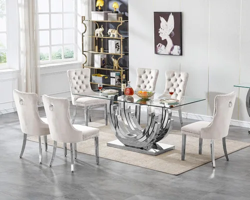 Vista 36 de Moderno juego de mesa de comedor de cristal de 5 piezas para 4, 70 pulgadas rectangular con 4 sillas copetudas de terciopelo beige, juego de mesa