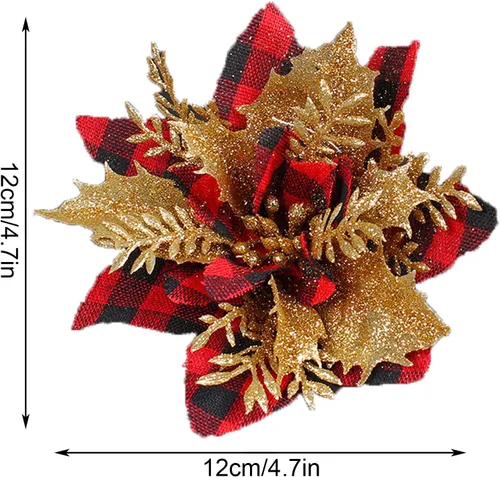 Vista 5 de 24 flores de Pascua de Navidad de 4.7 pulgadas con purpurina roja búfalo a cuadros de flores de nochebuena para adornos de árbol de Navidad