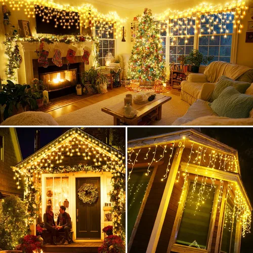 Vista 4 de Luces de carámbano solares para exteriores, 25+5M 800 luces de carámbano de Navidad, 8 modos, luces de cadena decorativas impermeables