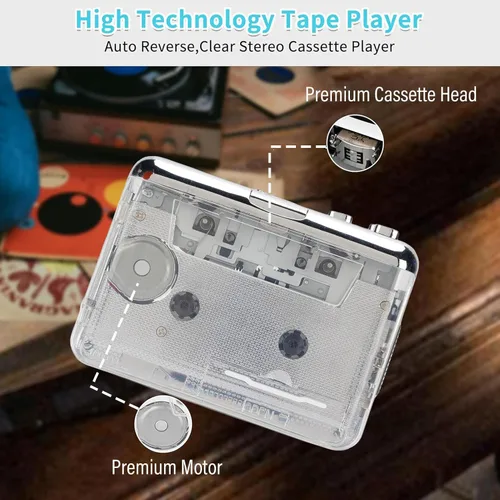 Vista 6 de Reproductor de cassette retro con sonido envolvente estéreo y retroceso automático, auriculares con cancelación de ruido de 0.138 in