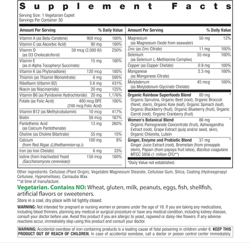 Vista 2 de Rainbow Light Multivitamínico One + para mujer 30 cápsulas Nutrientes alimentarios reales, enzimas digestivas y probióticos Nutrientes