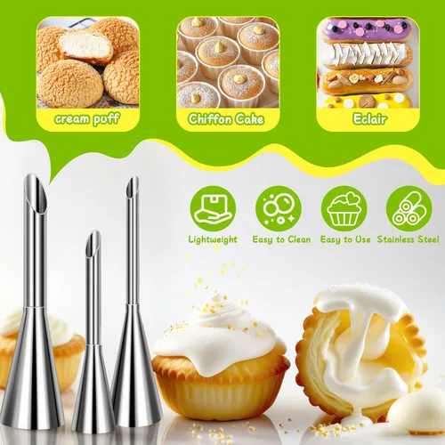 Vista 4 de Suuker Puntas para tuberías de crema, de acero inoxidable, boquilla larga para decoración de hojaldre de pastelería, herramientas de decoración