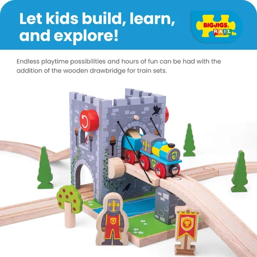 Vista 4 de Bigjigs Rail Puente levadizo de castillo de madera Accesorios de juguete para el juego clásico de pistas de tren de madera Regalos temáticos