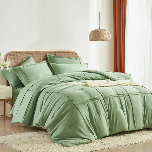 Vista 11 de Yogeneg Juego de edredón tamaño Twin de 5 piezas en una bolsa, juego de ropa de cama Twin con diseño de cuadrícula y pliegues beige, juego