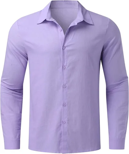 Vista 2 de BIUMUET Camisas de algodón y lino para hombre, estilo casual, con botones, color sólido, manga enrollable, para verano, playa, ajuste regular