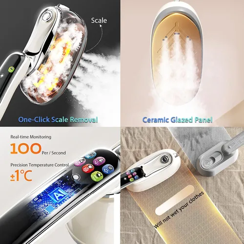 Vista 7 de Vaporizador de ropa de viaje de 1200 W, vaporizador y plancha de mano 2 en 1, planchado inteligente de equipo 5+1 con pantalla digital