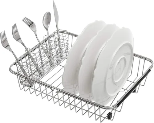 Vista 7 de SANNO Escurridor de platos expandible para fregadero o en el mostrador, organizador de cubiertos de acero inoxidable, organizador de cestas