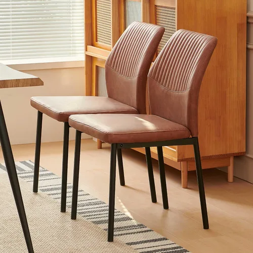 Vista 2 de Juego de 2 sillas de comedor de piel sintética marrón, cómodas sillas de cocina tapizadas sin brazos con patas de metal negro para sala de estar