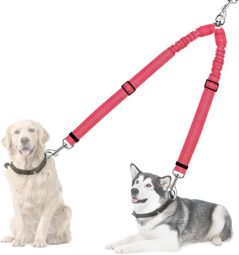 Vista 19 de Correa doble para perros, sin enredos, rotación giratoria de 360°, reflectante, con extensión de bungee, divisor para dos perros, cómoda