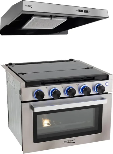 Vista 9 de Estufa RecPro RV Negra Rango de gas de 17" de alto Tres quemadores de 6500 y 8000 BTU Horno de 7100 BTU con capacidad de 1.24 pies cúbicos