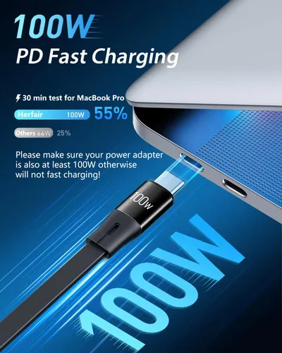 Vista 2 de Herfair Cable USB C retráctil de 5 A/100 W, cable de carga múltiple 3 en 1, cable de carga rápida para iPhone, iPad, Android, tableta, laptop