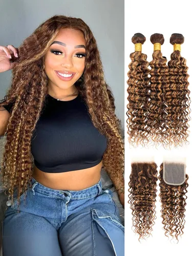 Vista 6 de Cabello Humano Rizado Castaño Rojizo, Trama Gruesa Castaño Cobrizo Rojo Coloreado Ondas Profundas Paquetes Individuales Cabello Humano 12A Tejido