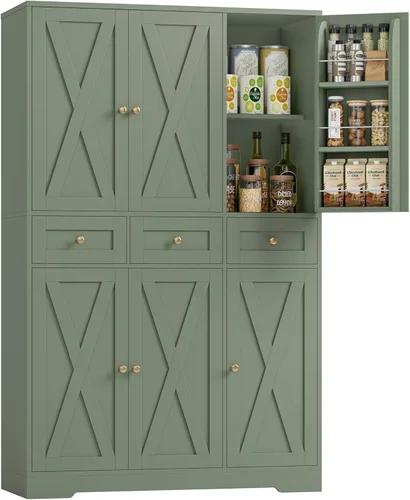 Vista 13 de HOSTACK Moderno armario de almacenamiento de despensa de cocina de granja, armario de despensa de cocina de 67 pulgadas de alto con puertas