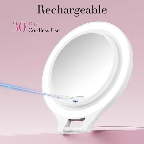 Vista 5 de Espejo de aumento con luz 10X/1X, espejo de viaje de doble cara con luz, espejo de maquillaje recargable con 3 ajustes de color Soporte ajustable