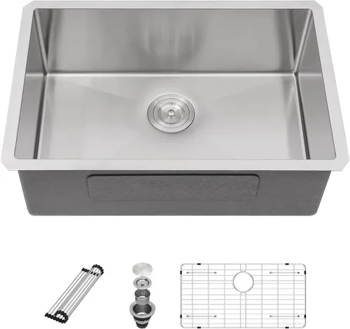 Vista 14 de Sarlai Gold Fregadero de Cocina Empotrado - Fregadero de Cocina de 28 Pulgadas Empotrado de Acero Inoxidable Dorado Tazón Individual de 28" x 19