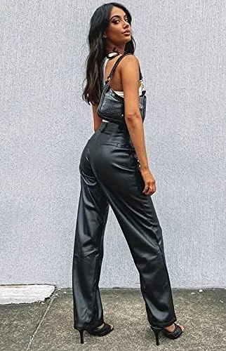 Vista 7 de Biivrii Leggings de piel sintética para mujer, pantalones de cintura alta, rectos, pierna ancha, de piel sintética, pantalones sólidos casuales