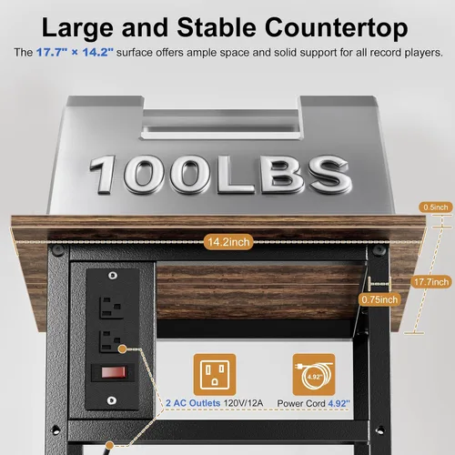 Vista 4 de HYPIGO Soporte para tocadiscos con tomas de corriente, soporte para tocadiscos con almacenamiento de discos de vinilo con capacidad para más de 300