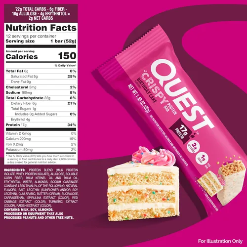 Vista 2 de Quest Nutrition - Barra de proteína crujiente para pastel de cumpleaños, 0.67 onzas de proteína, 0.04 oz de azúcar, 0.07 oz de carbohidratos netos