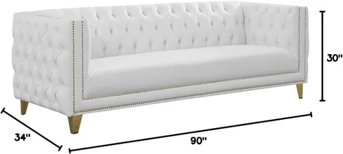 Vista 3 de Meridian Furniture 651White-S Colección Michelle Moderna Sofá contemporáneo con botones profundos, ribete dorado de cabeza de clavo y patas