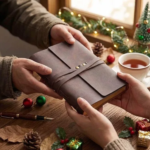 Vista 2 de Diario de cuero genuino de 4 x 6 pulgadas para hombres y mujeres con caja de regalo, 300 páginas de papel kraft forradas, diario encuadernado