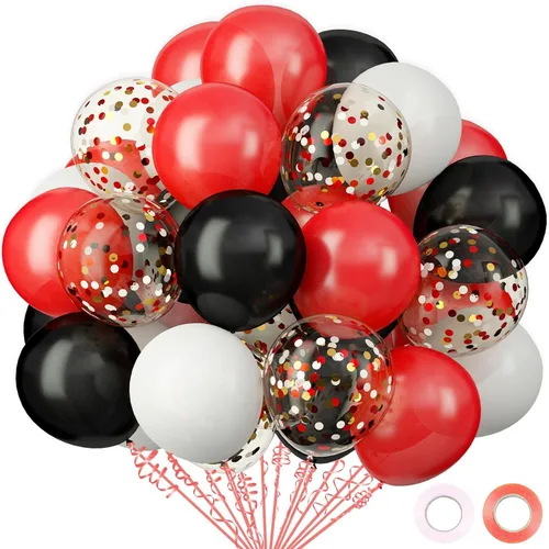 Vista 14 de Kit de 72 globos de confeti negro y dorado, globos negros, dorados y blancos de 12 pulgadas y globos de confeti dorado con cintas para globos