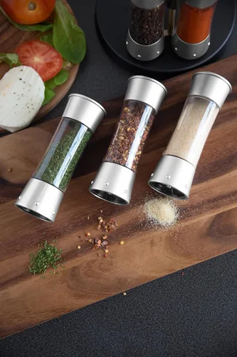 Vista 2 de KitchenArt Estante para especias, carrusel de especias de plástico de medición automática Elite, 8 tarros de especias, plateado