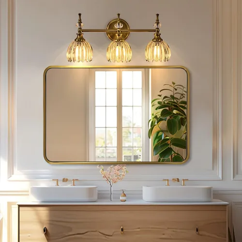 Vista 32 de Espejo de latón para baño, espejo rectangular redondeado de 22x30 pulgadas con marco de metal cepillado dorado, espejo de tocador de baño sin