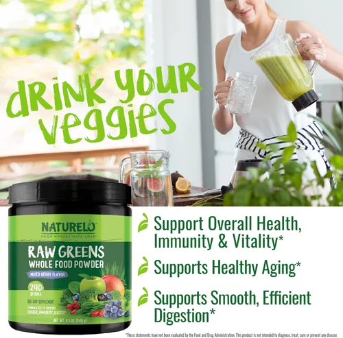 Vista 5 de NATURELO Polvo de superalimento de verduras crudas 240 gramos, mezcla de bayas - Apoya la energía, la inmunidad y la desintoxicación - Incluye