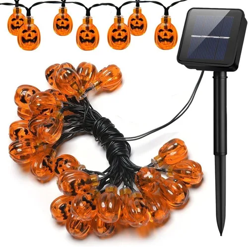 Vista 9 de YBB Tira de luces solares de calabaza, impermeable, decoración de Navidad, 20 luces LED parpadeante/modos de encendido constante, linterna