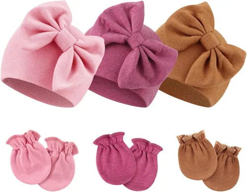 Vista 12 de BQUBO Gorros para Niñas Recién Nacidas Conjunto de Gorro y Manoplas para Bebé Gorros para Infantes con Moño Gorro de Hospital con Manoplas