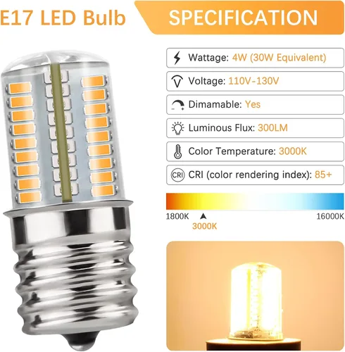 Vista 3 de DiCUNO Bombilla LED E17 regulable, luz para electrodomésticos debajo del horno de microondas, 4 W (equivalente incandescente de 30 W), blanco cálido
