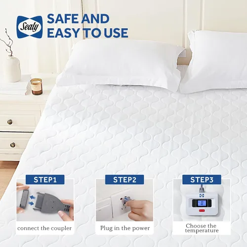 Vista 6 de Sealy Protector de colchón térmico tamaño individual, calentador de cama eléctrico acolchado de lujo con 10 ajustes de calor y apagado automático