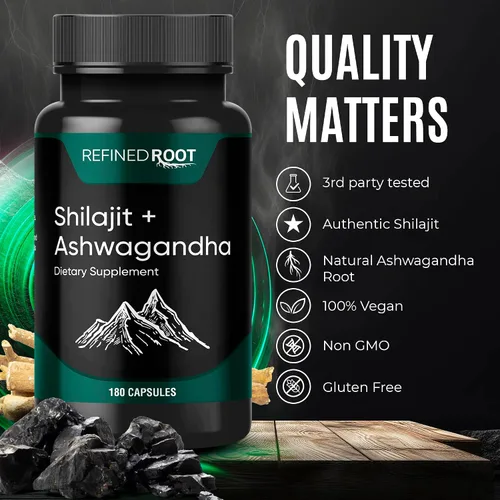 Vista 6 de Shilajit 1000 mg y Ashwagandha 500 mg (180 cápsulas) - Suplemento orgánico puro del Himalaya Shilajit (suplemento de ácido fúlvico del 20%)